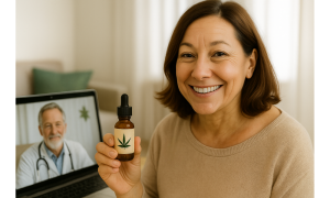Smiling woman showing her medical cannabis tincture bottle with a laptop showing a doctor doing Telehealth in the background.