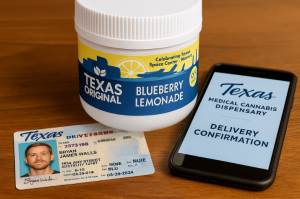 Smartphone showing CURT prescription delivery confirmation beside labeled low-THC bottle and Texas driver's license.