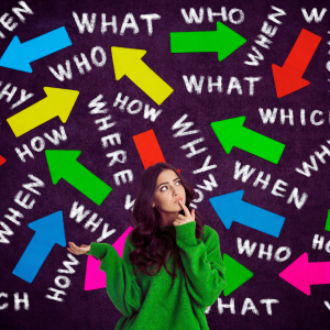 woman in green top trying to decide who when why what