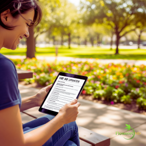 A smiling adult woman in casual clothes reviews a checklist of HB 46 updates on their tablet at a sunny Texas park medical marijuana doctor Texas update