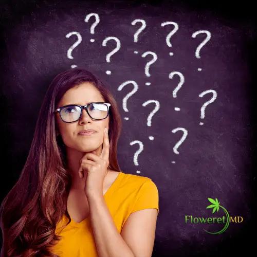Pensive woman in glasses facing a chalkboard of question marks with Floweret MD logo—visual cue for Texas medical marijuana FAQs.