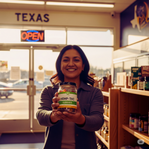 SB 3 texas veto proclamation next to Texans legally buying hemp-THC gummies after Governor Abbott’s decision lady hold a hemp gummy bottle
