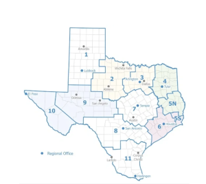 Texas Counties, Public Health Regions, and Administrative Regions graphic map of Texas regions hb 46 Texas medical marijuana expansion