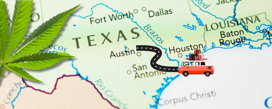 map of Texas with graphic van traveling across the state