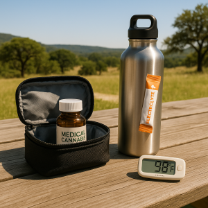Insulated pouch holding low-THC bottle beside electrolyte water on picnic table in hot Texas sun.