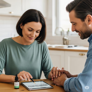Couple holding hands at kitchen table while reviewing low-THC plan on tablet.	