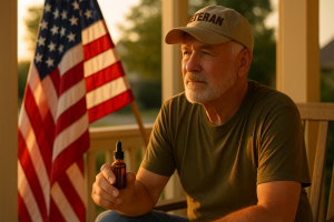 Texas veteran at home, relaxed beside low-THC tincture from medical marijuana doctor Texas and folded camo cap, soft natural light.