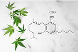 CBG structure with cannabis leaves overlay from medical marijuana doctor texas