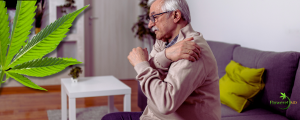Older man holding shoulder in pain at home with marijuana leaf, Texas medical cannabis support for chronic pain.