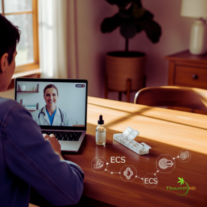 Texas telehealth cannabis doctor consult with tincture and pill organizer, focused on pain relief and opioid reduction.