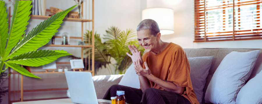 Telehealth visit discussing Texas medical cannabis program, patient at home